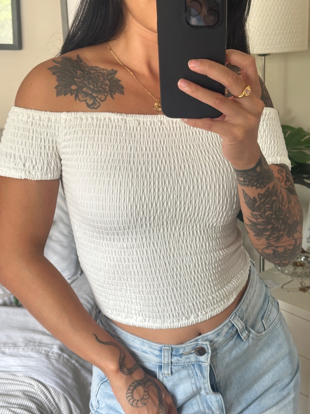 Off-Shoulder White Smocked Crop Top